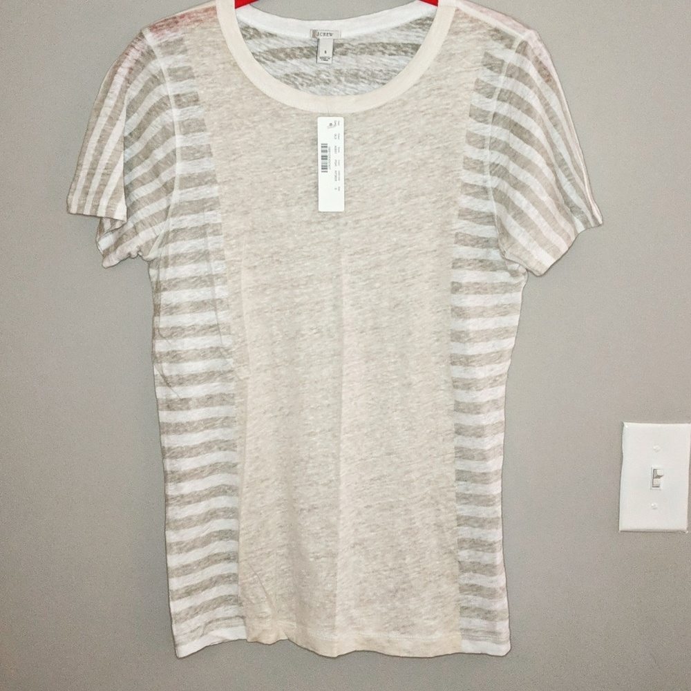NWT J. Crew White & Beige Linen T Shirt Small